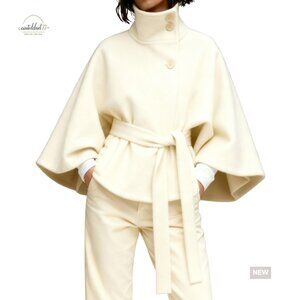 Wool Blend Pea Coat Cropped Overcoat Batwing Sleeves Belted Jacket